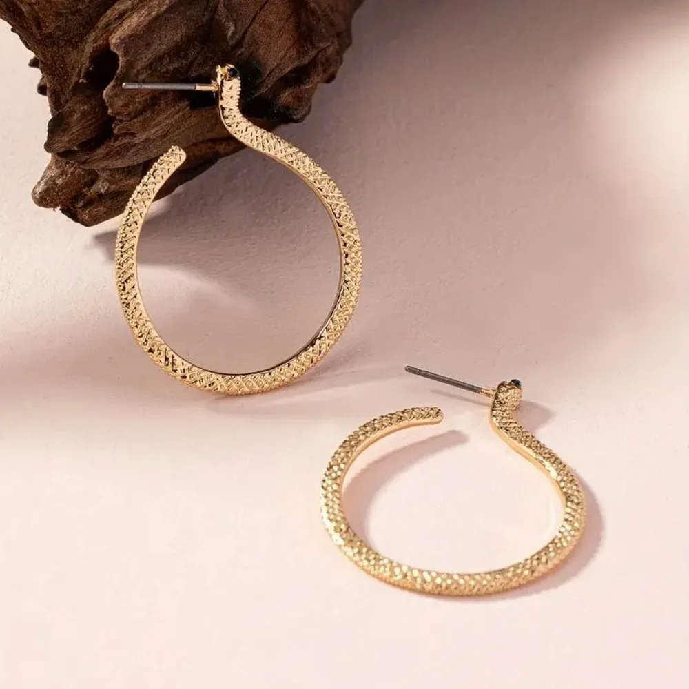 Gold Serpent Snake Blue Rhinestone Eyes Hoop Earrings NEW - Picture 2 of 7